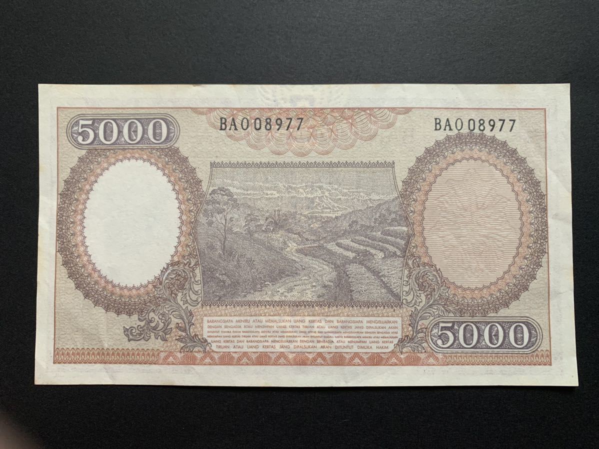 インドネシア 旧紙幣 紙幣 5000 ルピア　1958年　紫版　超美品　ピン札　シワあり　WORLD Paper Money 大型紙幣_画像5