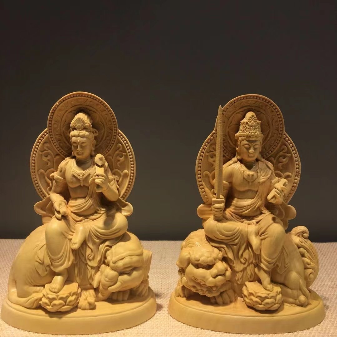 仏像 木彫 文殊、普賢菩薩像 檜木 - 工芸品