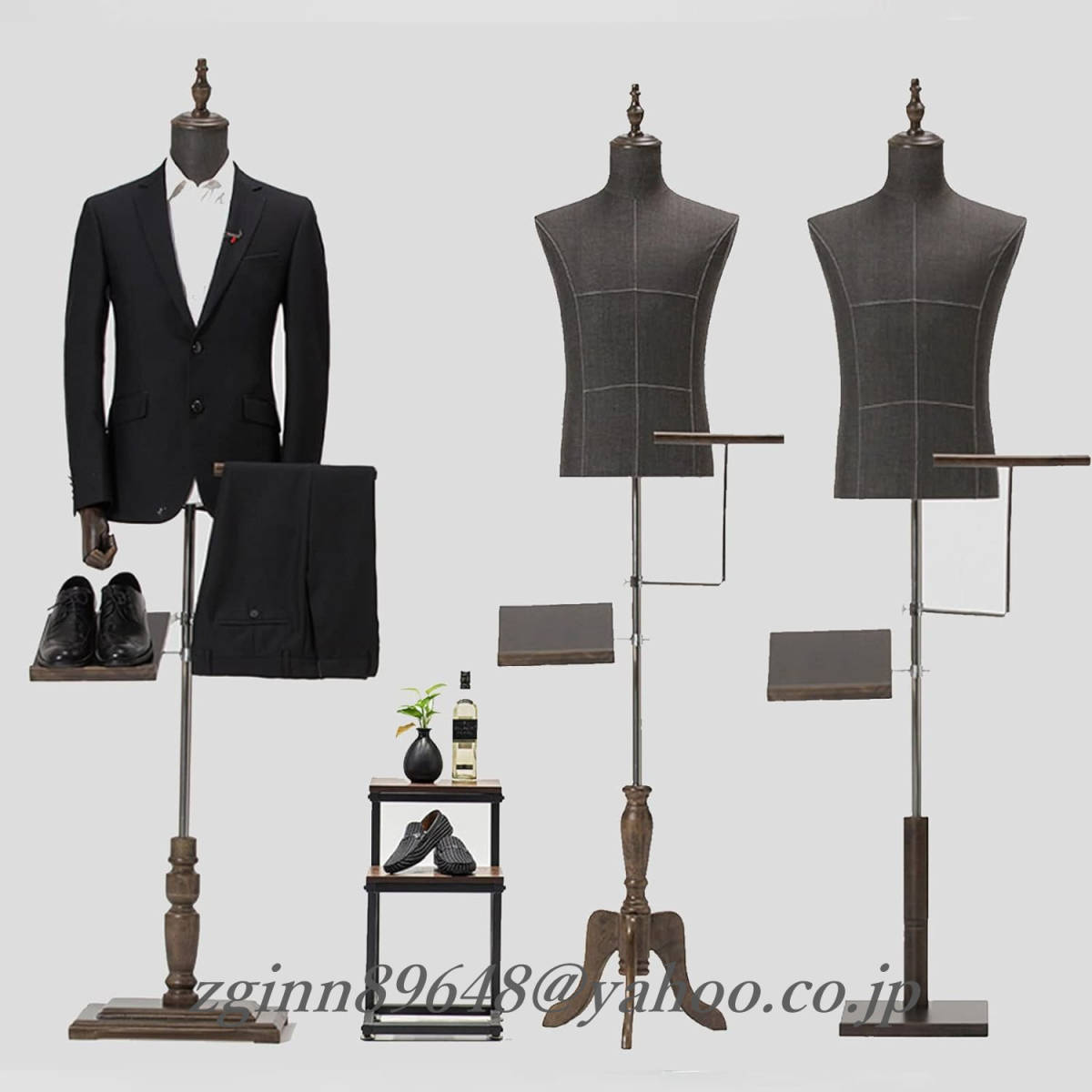  gentleman clothes. display therefore. man. mannequin man. half bust mannequin togheter with pants rack . shoes rack natural wood base adjustment possible height 