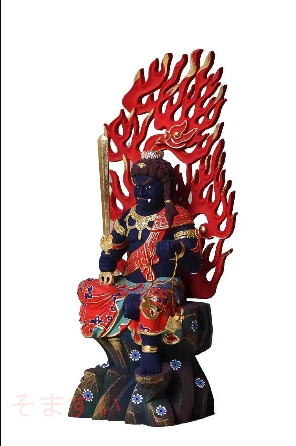 貴重品★不動明王座像 総檜材 木彫仏像 仏教美術 精密細工 彩色 高さ16cm_画像3