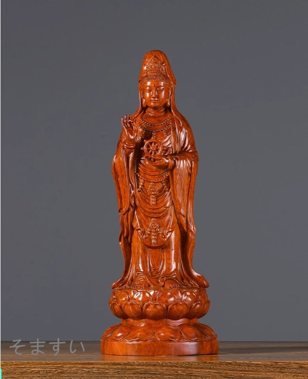 仏教美術 木彫仏像 木彫り 精密細工 花梨木 観音菩薩像 仏像 置物 高さ40cm