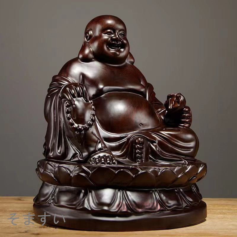仏教美術 黒檀木彫り布袋弥勒仏像置物居間装飾 高さ20cm_画像3
