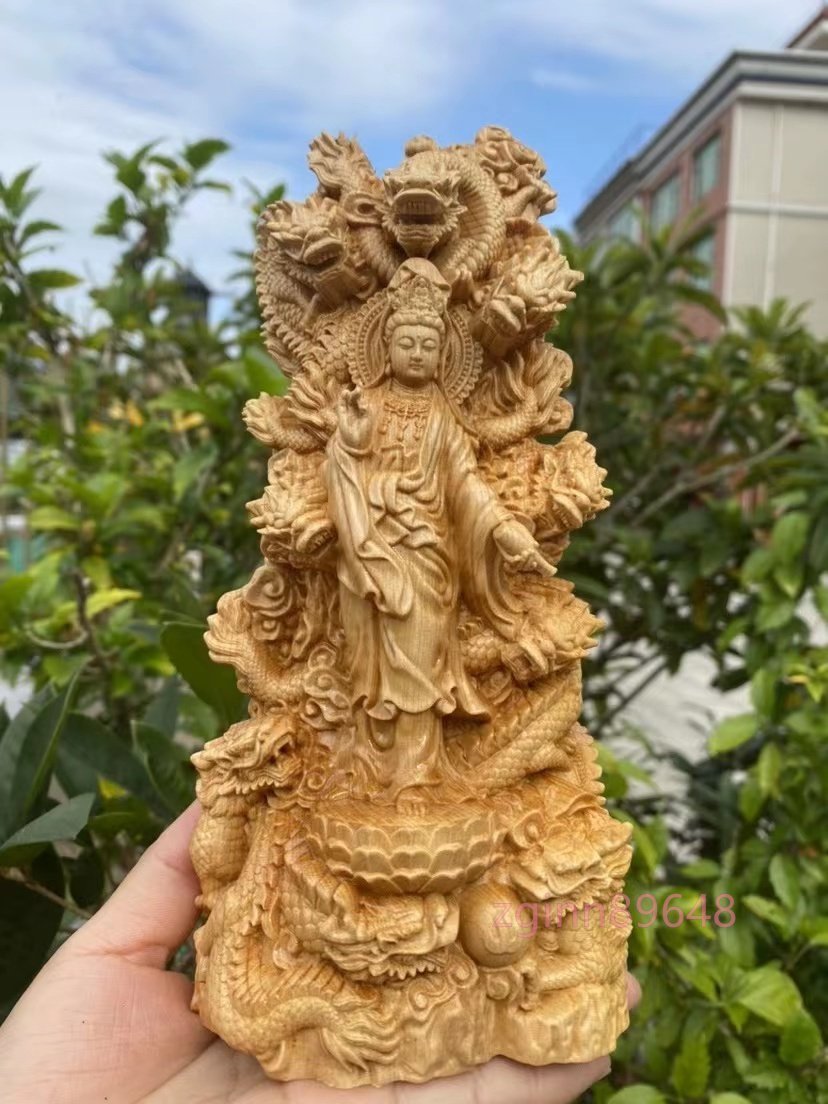 仏教美術 精密細工 木彫り 黄楊木 九龍観音　仏像　置物 高さ20cm_画像1