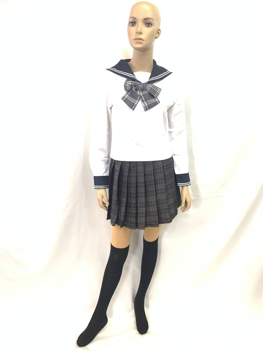 新品 未使用送料無料bs25ストッキング付ノーマルでスタンダード セーラー服 チェックスカート 通学ＯＫリボン長袖付コスチューム制服学生服_画像5