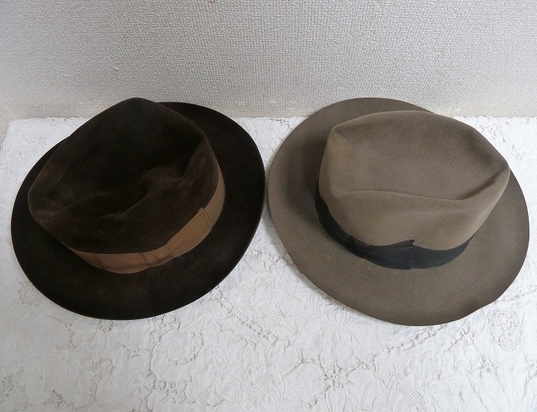 (☆BM)昭和レトロ アンティーク 帽子 2点 中折れ帽 センタークリース ORION/FUJI ハット ソフト 男性 メンズ ブラウン カーキグレー の画像3