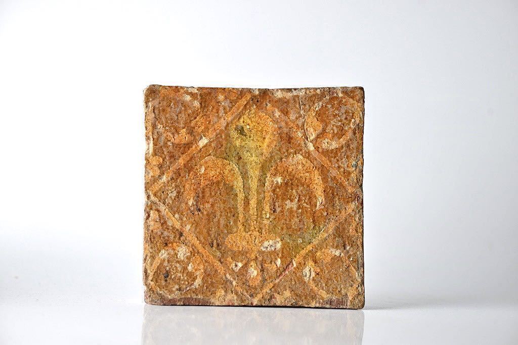 中世 イギリス 象嵌タイル H 百合の紋章 民藝 検 デルフト