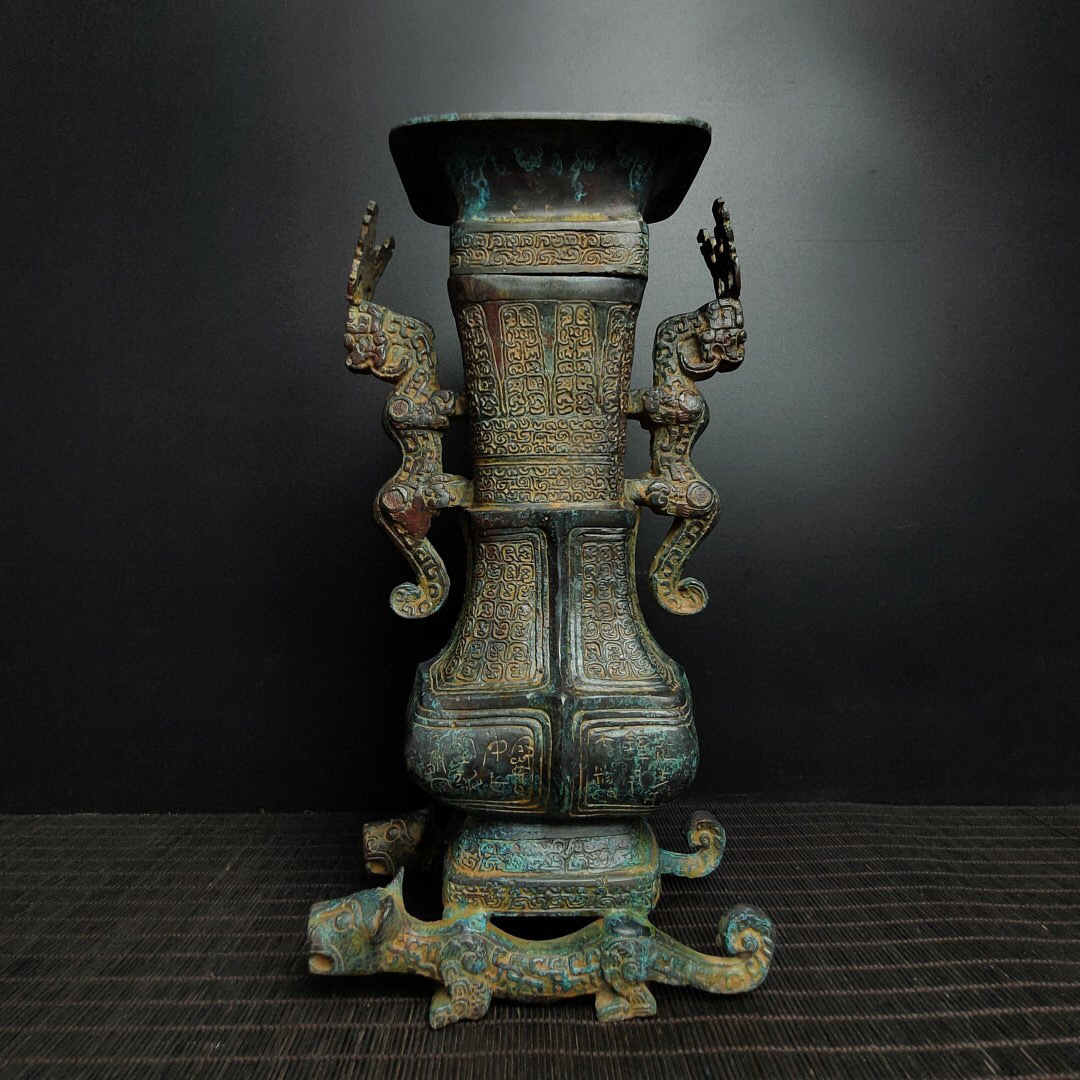 戦・青銅器彫・龍耳方瓶』極細工 置物 古賞物 中国古玩 中国古美術-