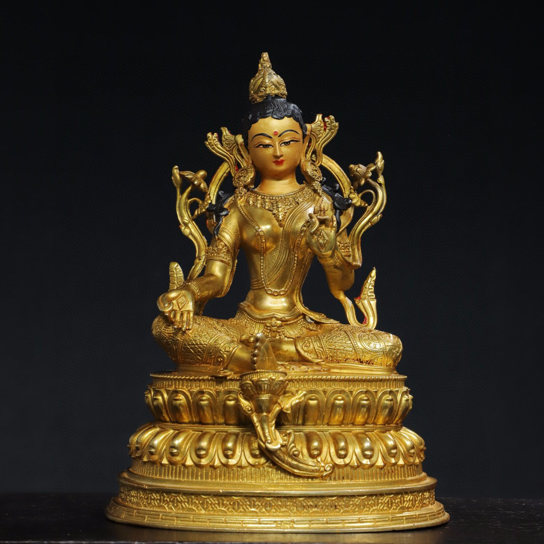最安価格 『清・仏教古美術・古銅彫・塗金・綠度母像』極細工 置物古賞
