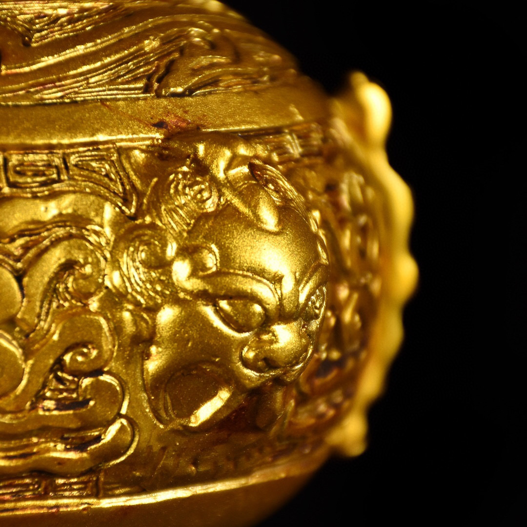 お歳暮 『清・古銅彫・塗金・銘文瓶』極細工 置物古賞物 中国古玩 中国