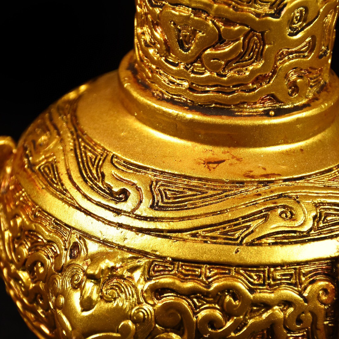 お歳暮 『清・古銅彫・塗金・銘文瓶』極細工 置物古賞物 中国古玩 中国