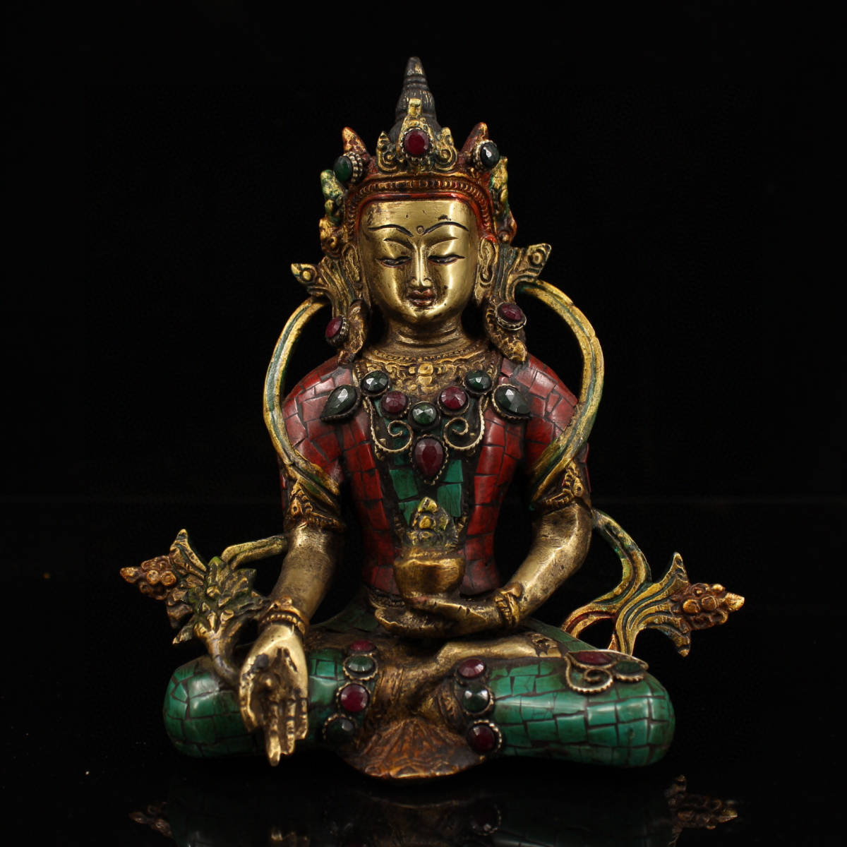 清・仏教古美術・古銅彫・寶石嵌・描金・彩繪・藥師像』極細工 置物古