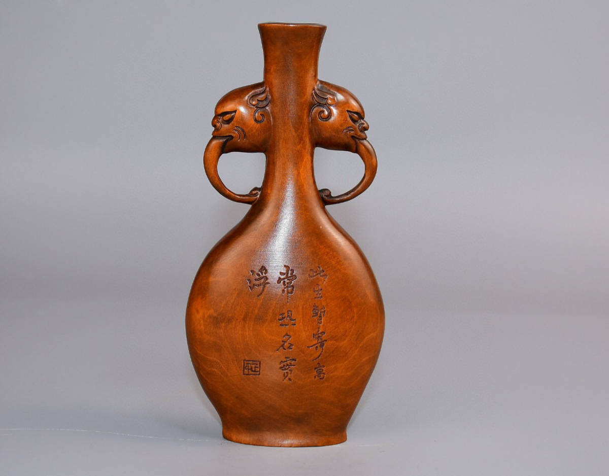 『清・黄楊木彫・雙龍耳瓶』極細工 置物古賞物 中国古玩 中国古美術