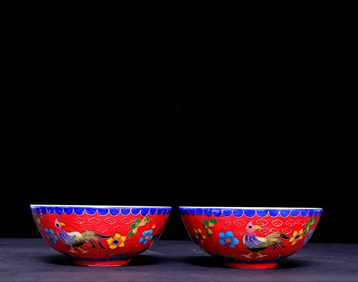 正式的『明・成化年製款・古陶瓷品・景泰藍・琺瑯彩・花鳥紋・供碗一對