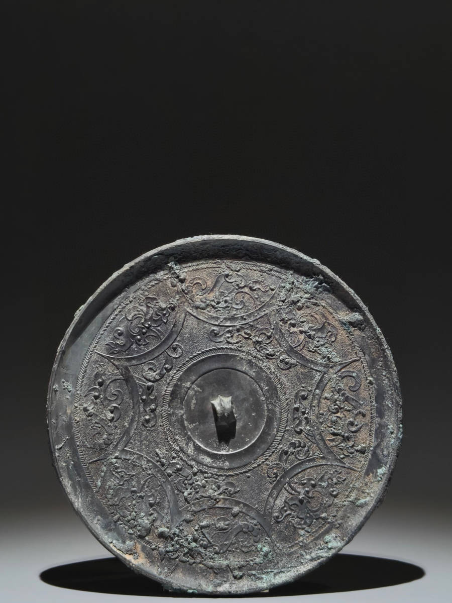 『戦・青銅器彫・龍紋銅鏡』極細工 置物 古賞物 中国古玩 中国古美術