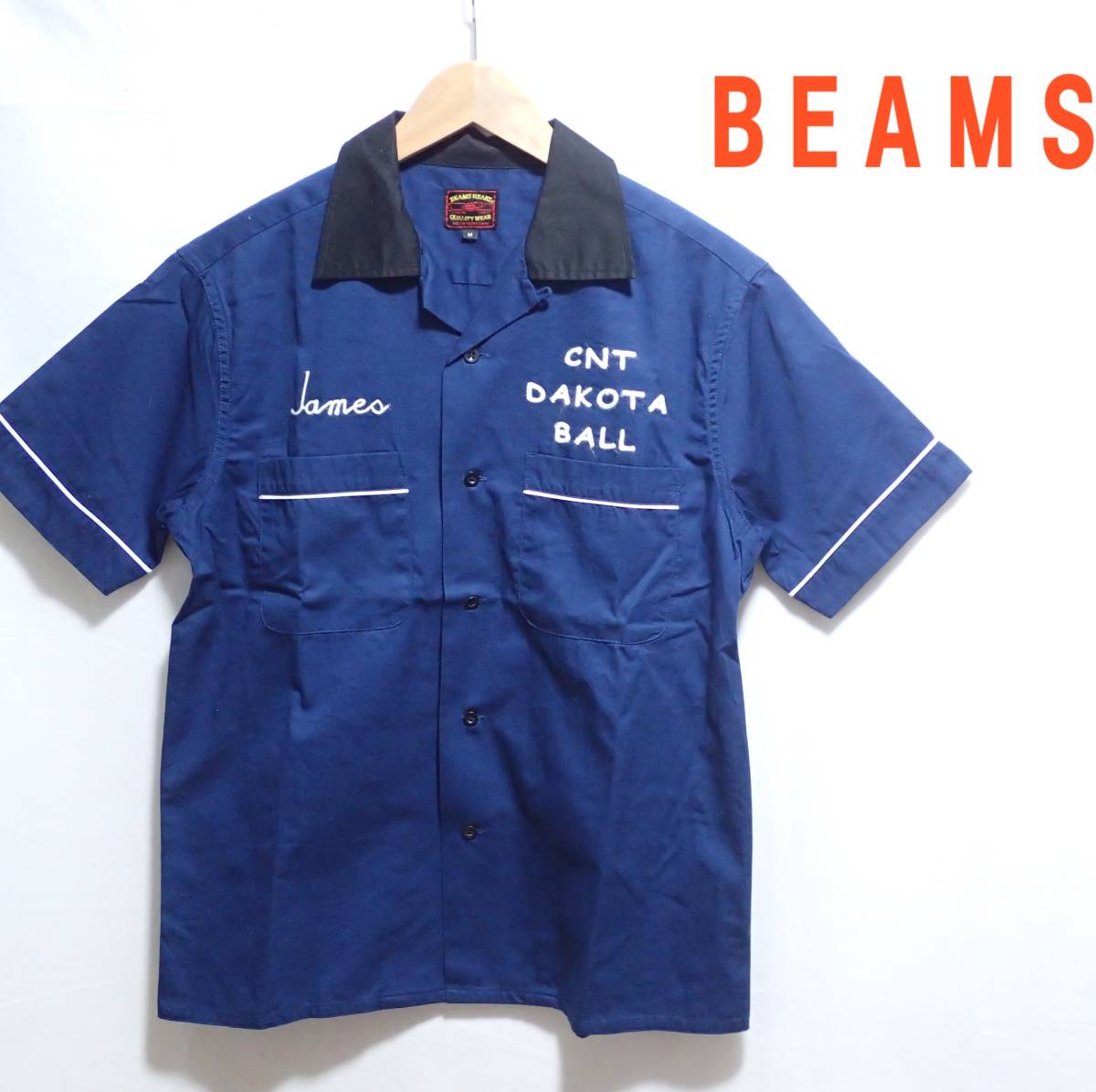 ☆BEAMS HEART　☆ビームス　☆コットン　☆半袖　☆ボーリングシャツ　☆ネイビー×ブラック　☆メンズ　☆M_画像1