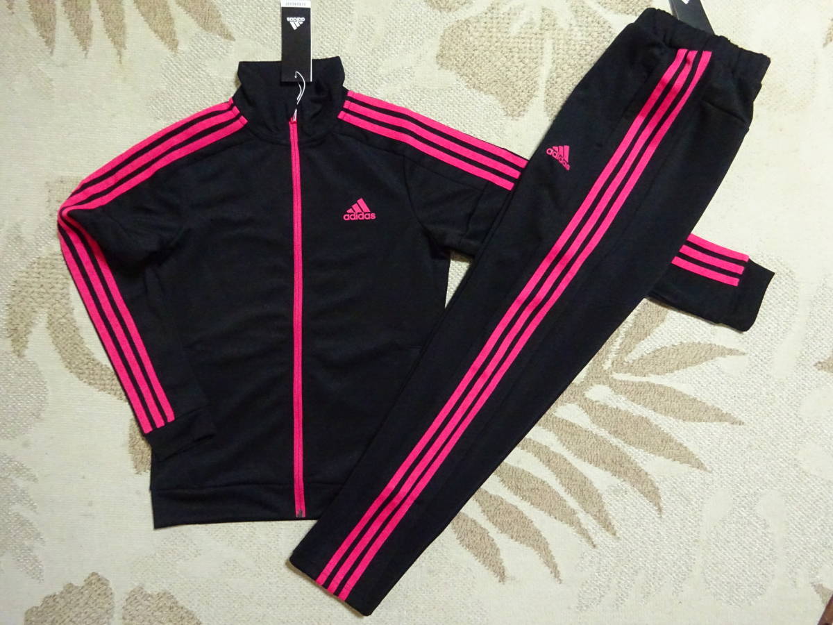 送料込み!!♪新品♪140♪半額以下!!\11,418♪adidas アディダスガールズ♪快適素材!!３ストライプジャージ上下♪ブラック/ピンク♪黒♪即決