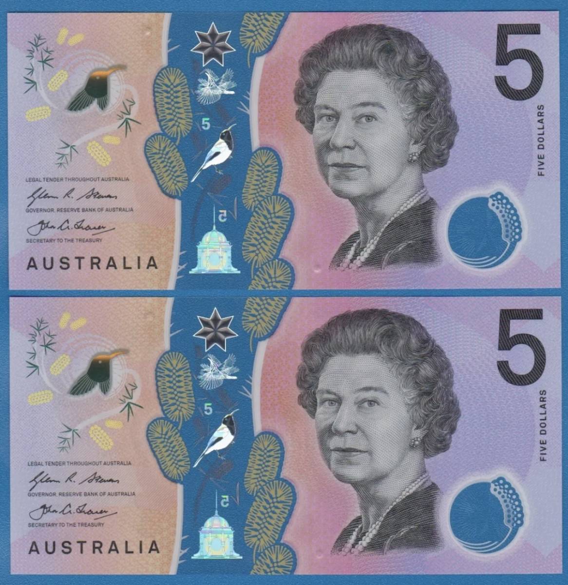 外国紙幣 オーストラリア 2016年 未使用 5×2 ドル　同じシリアルナンバー_画像1