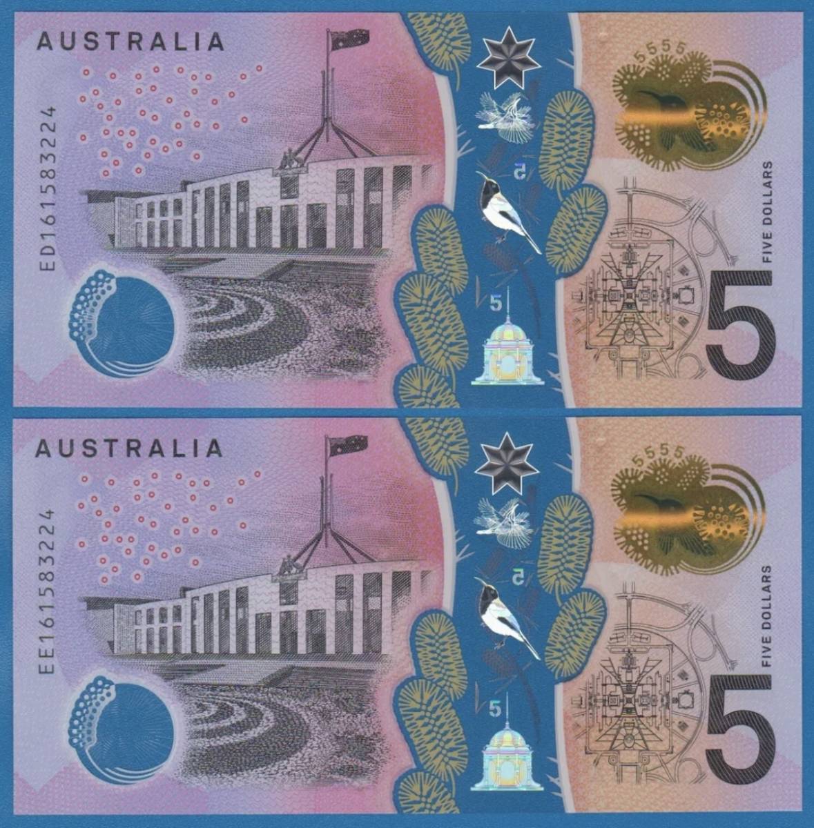 外国紙幣 オーストラリア 2016年 未使用 5×2 ドル　同じシリアルナンバー_画像2