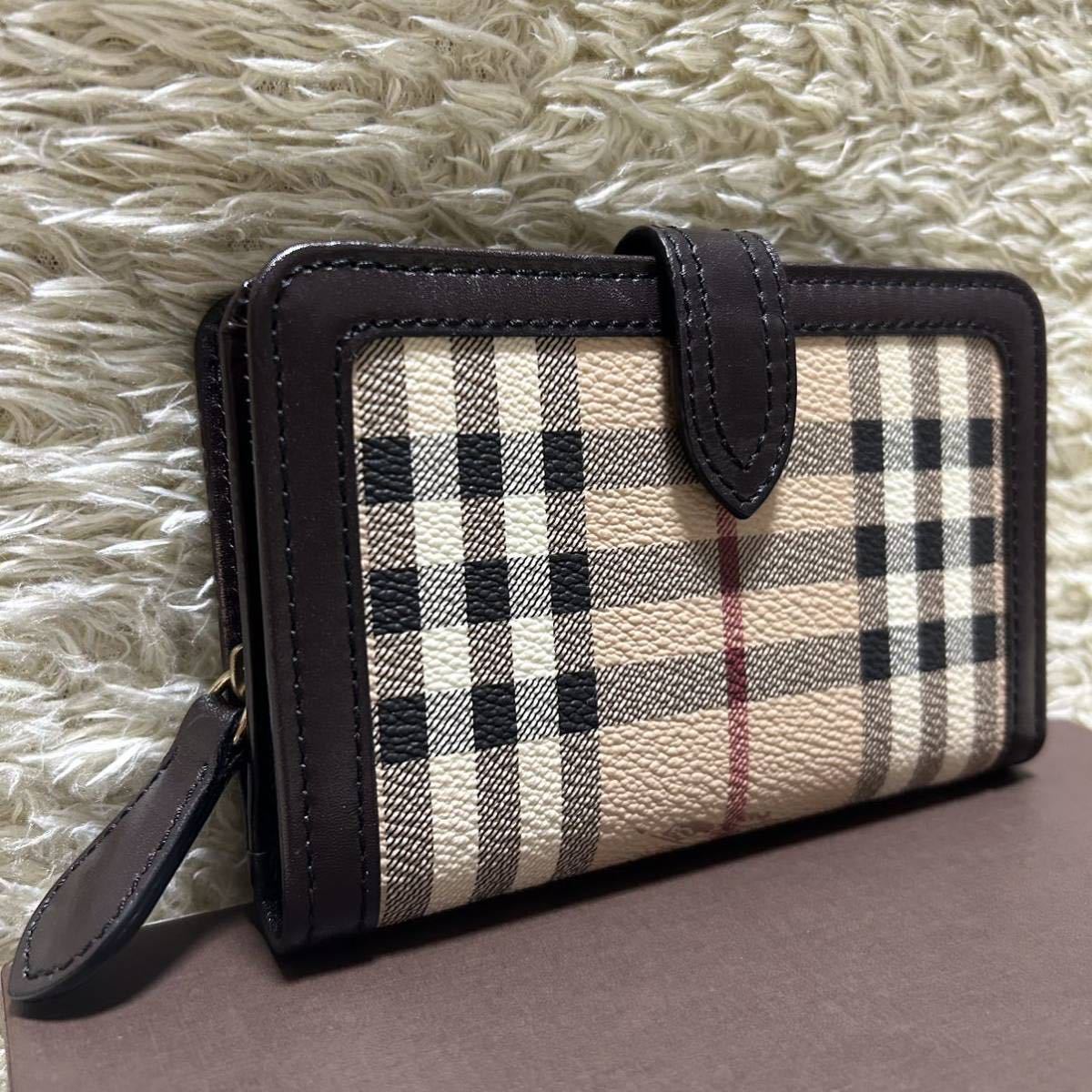 1円〜【未使用級】Burberry バーバリー 長財布 折り財布 ノバチェック ホースロゴ カーフレザー PVC 古銭入れ ブラウン メンズ レディース _画像1