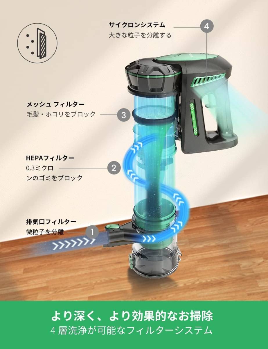 kPa強力吸引掃除機 コードレス Vactidy V8 コードレス掃除機 伸縮