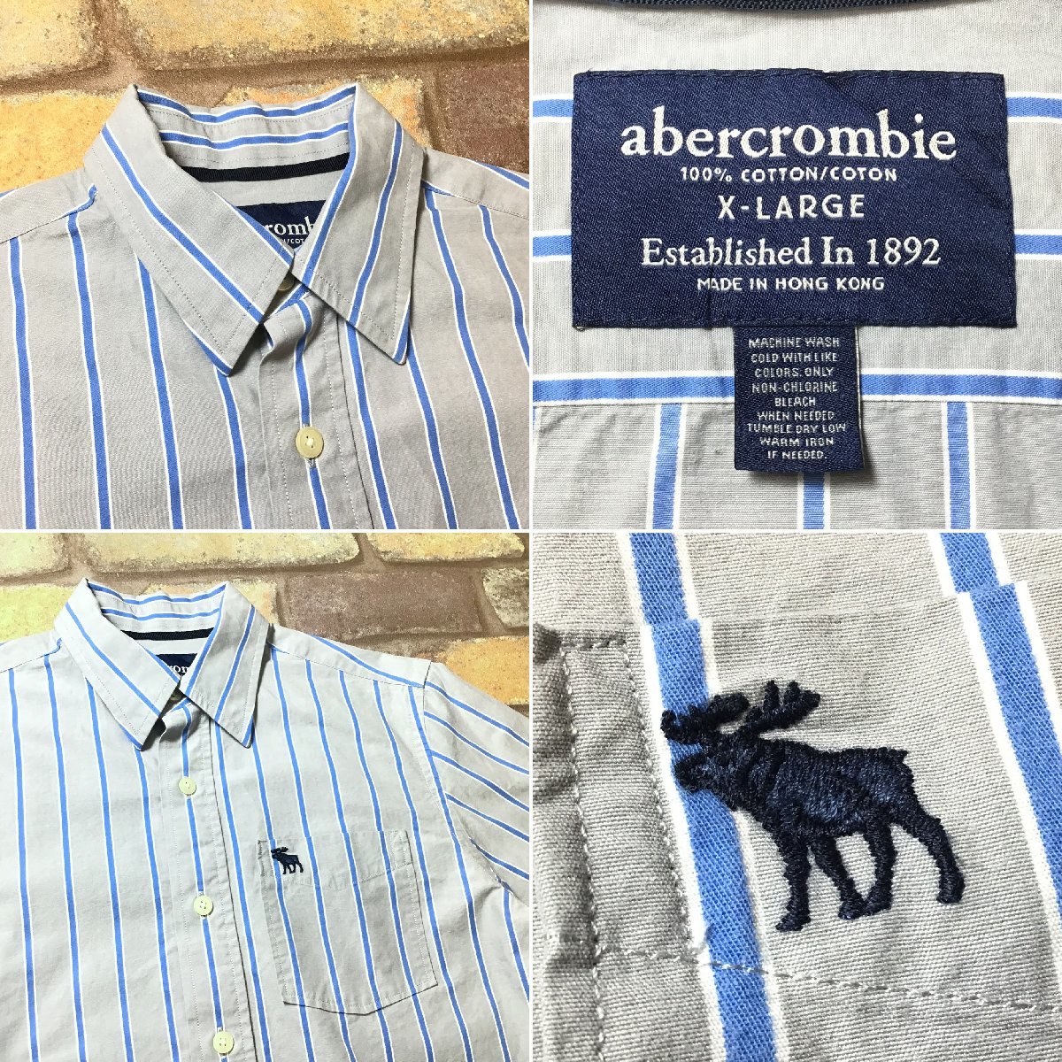 ME9-517◆USA直輸入◆正規品◆状態◎◆【Abercrombie&Fitch アバクロ】コットン100% ストライプシャツ【メンズ S】グレー 青 長袖 古着_画像4