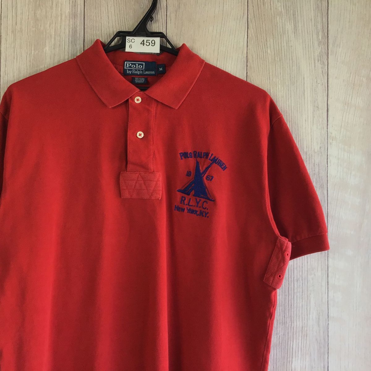 SC6-459★90's ビンテージ★レアロゴ【Polo by Ralph Lauren ポロラルフローレン】NYCモデル 半袖 ポロシャツ【メンズ M】赤 古着 ゴルフ_画像5