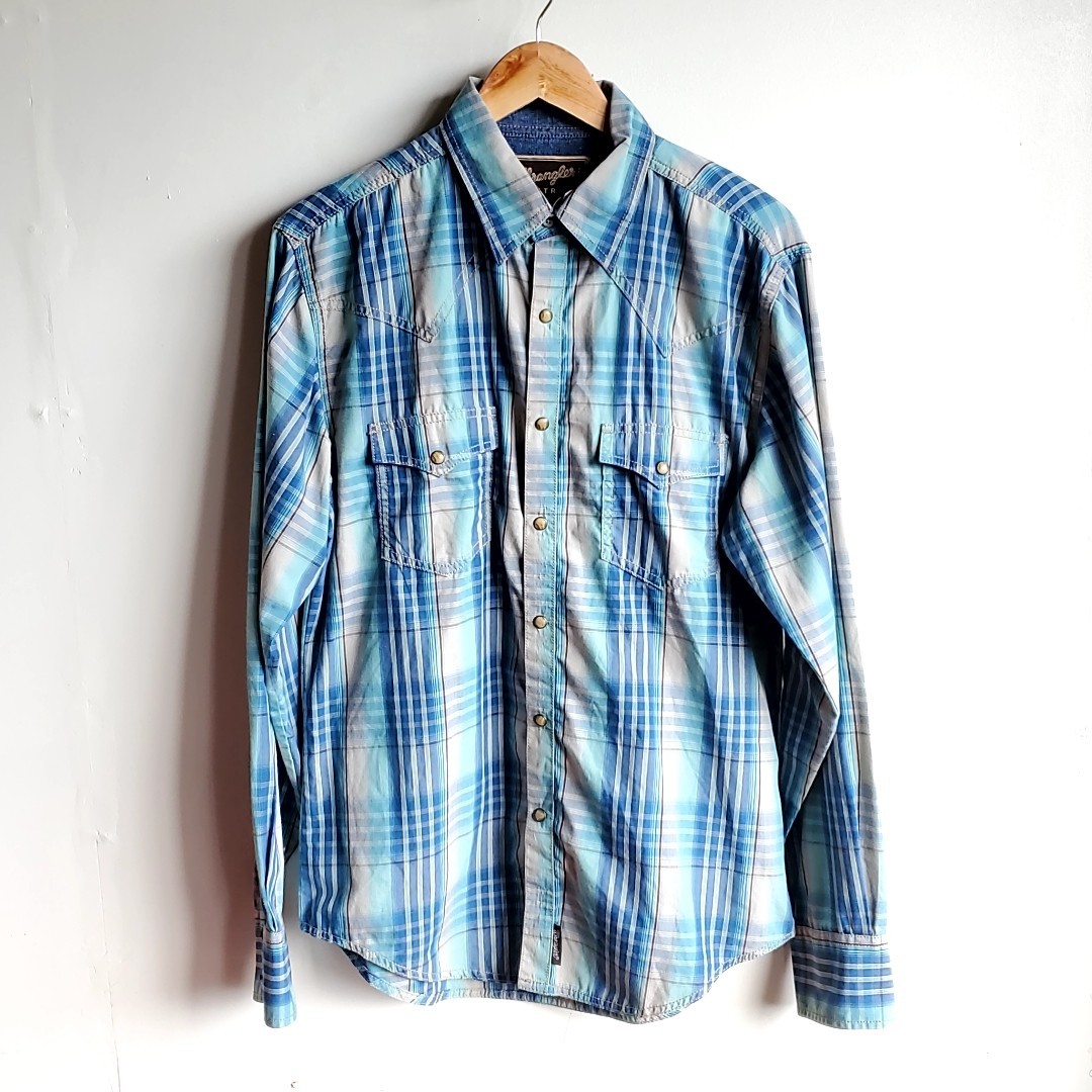 B14◆ラングラー Wrangler RETRO 長袖 ウエスタンシャツ sizeM チェック柄 青系 ステッチ 中古 USED 古着