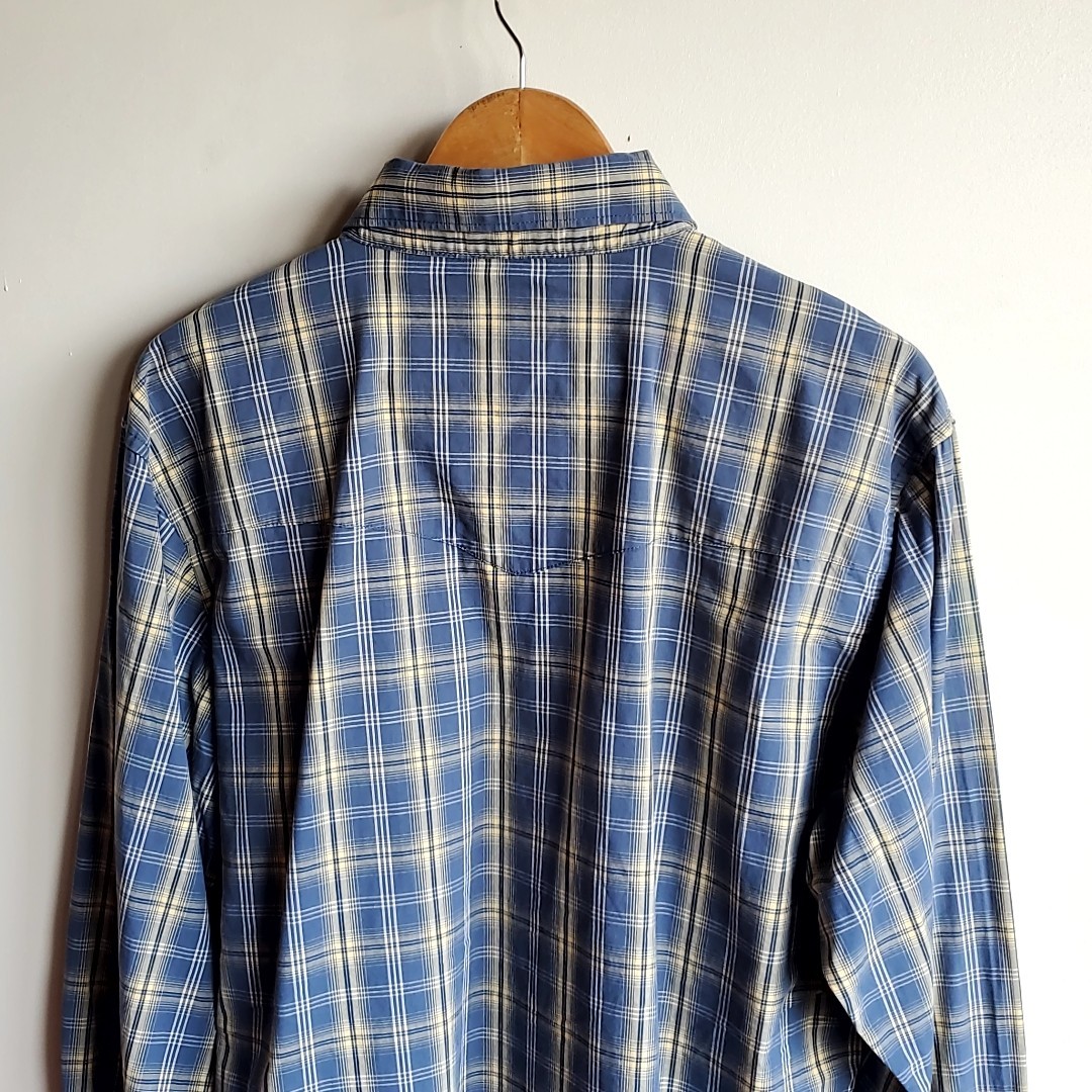 B15◆ラングラー Wrangler 長袖 ウエスタンシャツ sizeL位 チェック柄 青系×黄色 中古 USED 古着