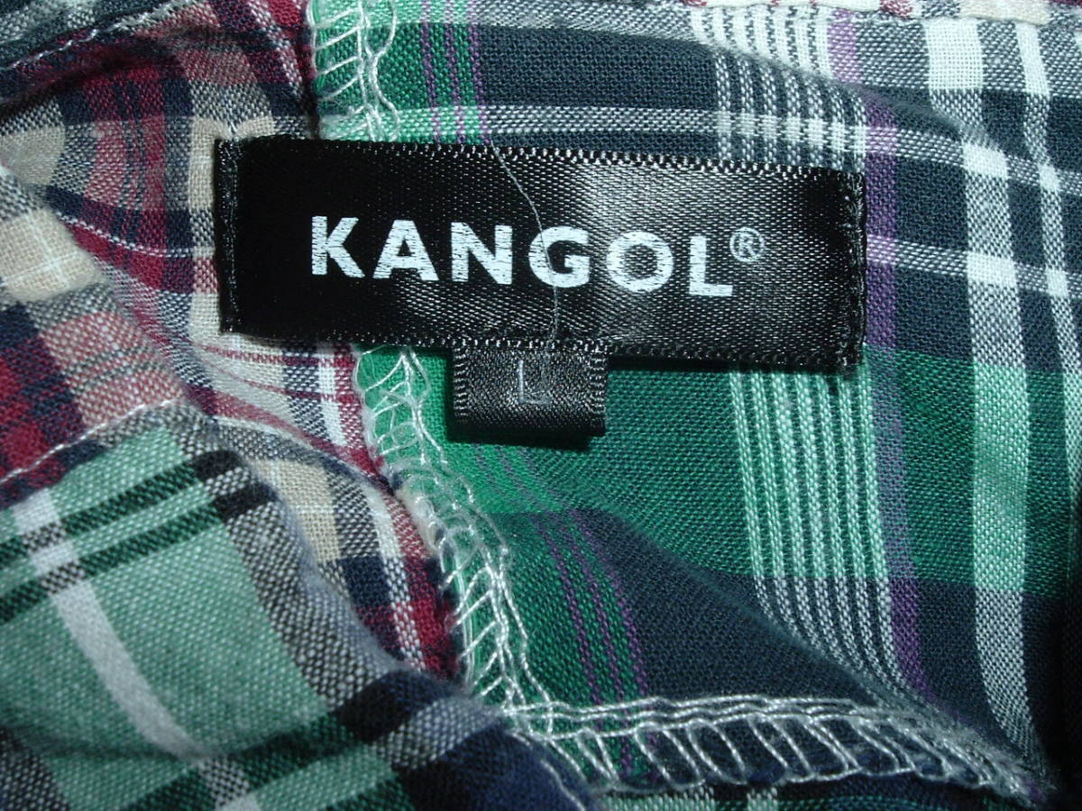 ★KANGOL カンゴール★パッチワーク　長袖シャツ　Lサイズ（大き目）　グリーン系★左胸ワンポイント★珍品レア！お買い得！_画像5