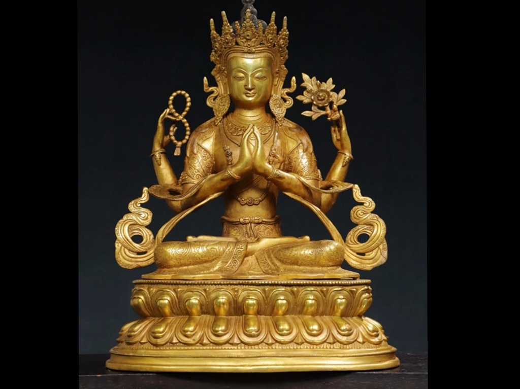 バーゲンで古美術中国古玩古銅製銅塗金分體四臂觀音菩薩度母坐像極細工