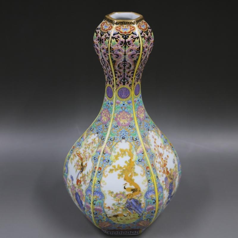 値下げ】 □清代 直径10cm 蒜頭花瓶□高さ23.5cm 琺瑯彩描金花鳥紋