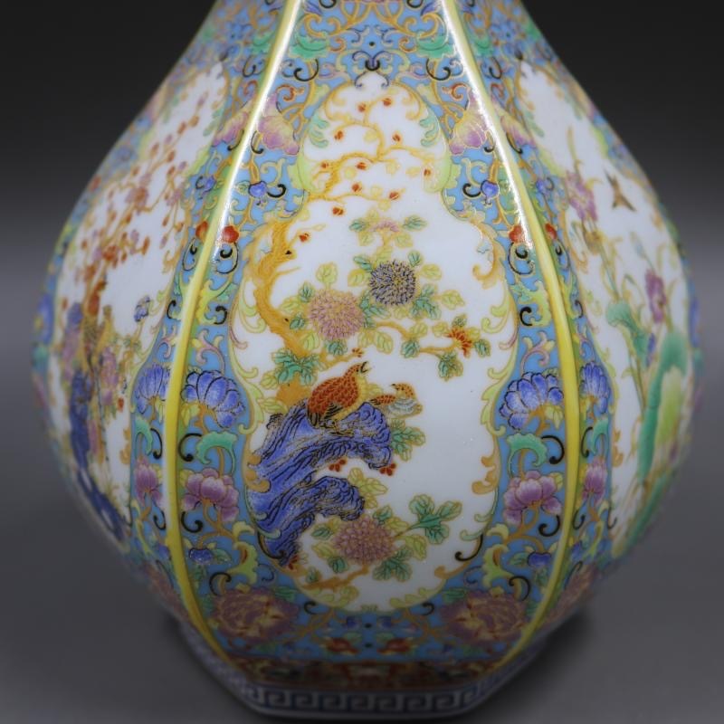 値下げ】 □清代 直径10cm 蒜頭花瓶□高さ23.5cm 琺瑯彩描金花鳥紋