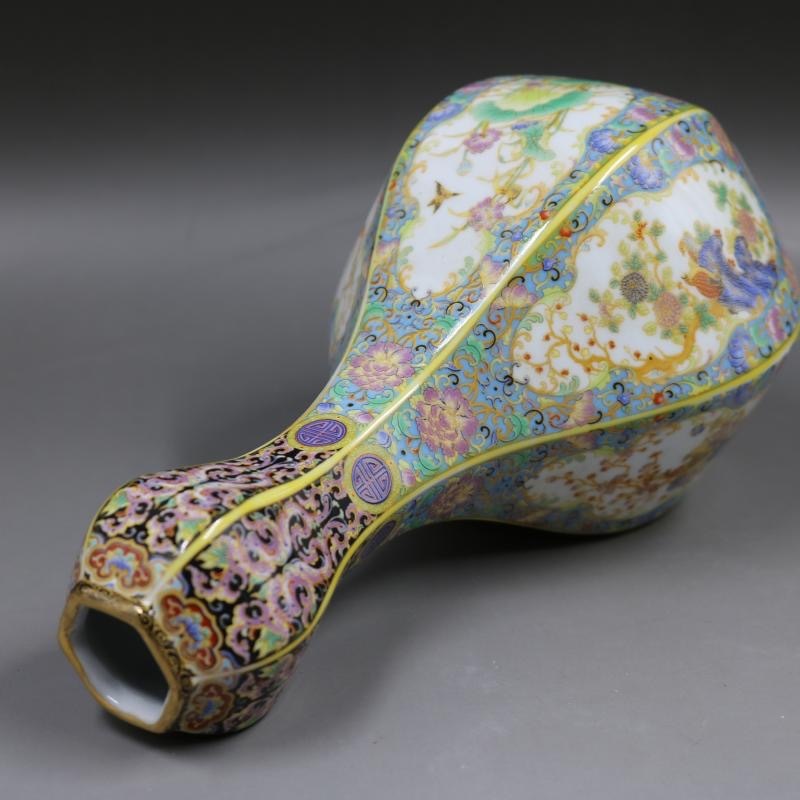 値下げ】 □清代 直径10cm 蒜頭花瓶□高さ23.5cm 琺瑯彩描金花鳥紋