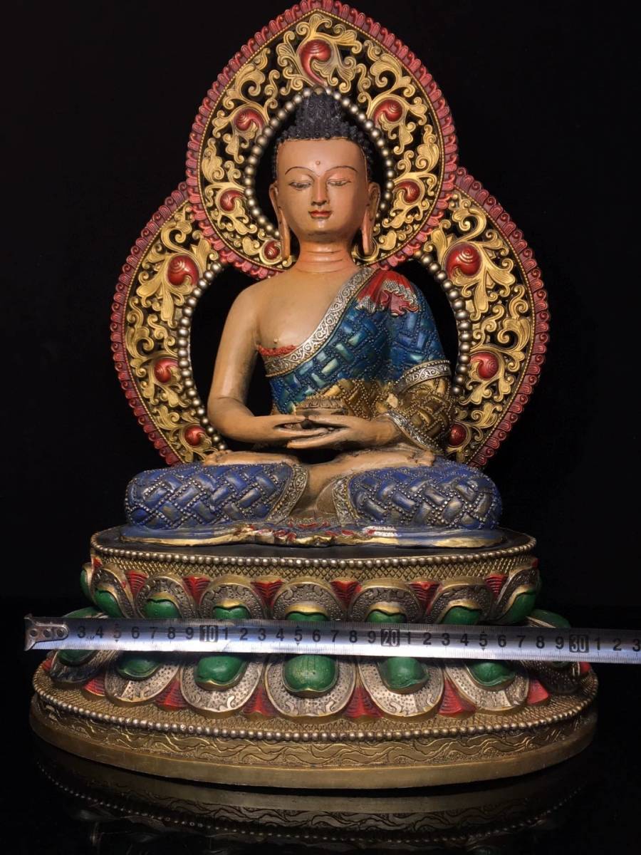 てなグッズや彩繪釋迦牟尼背光阿彌陀佛極細工古銅製銅塗金嵌寶石中国