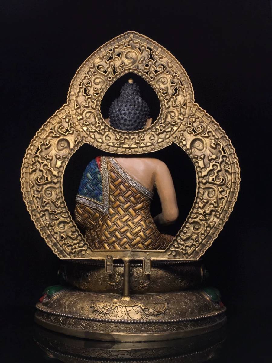 てなグッズや彩繪釋迦牟尼背光阿彌陀佛極細工古銅製銅塗金嵌寶石中国