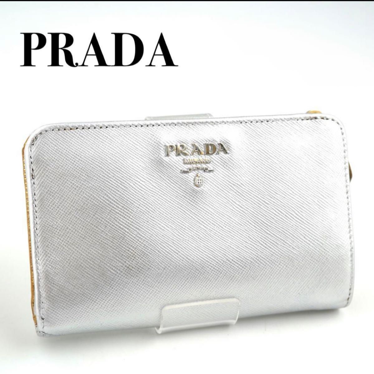 未使用級】PRADA 2つ折り財布 サフィアーノ ピンク バイカラー アイコン-