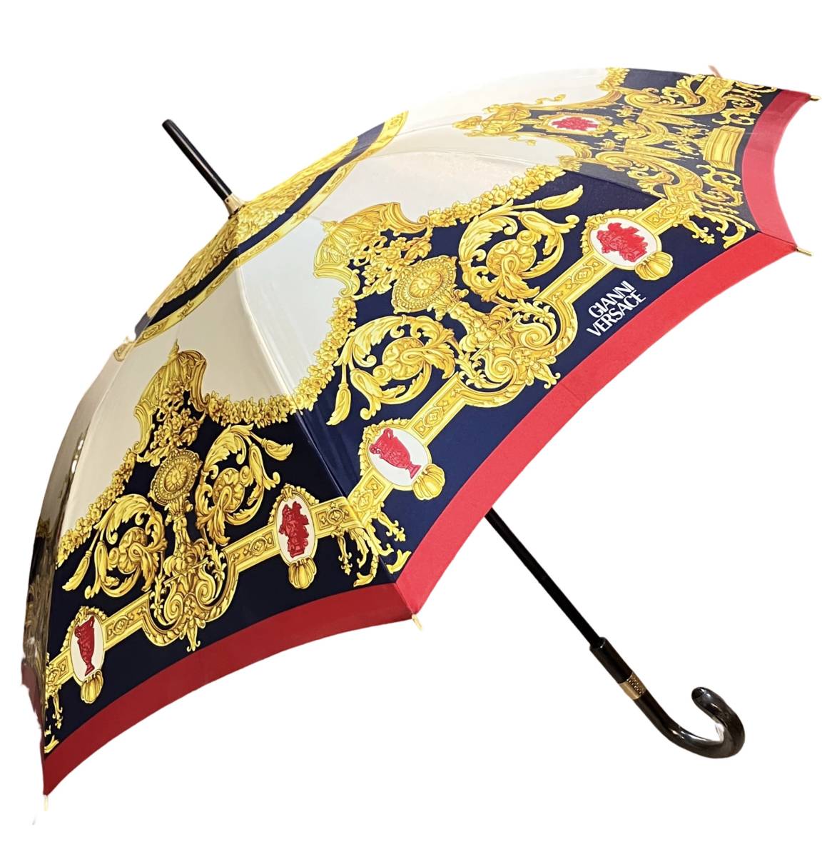 (志木)GIANNI VERSACE/ヴェルサーチ バロック柄 総柄 長傘 手開き ゴールド×レッド 全長:約90cm 雨具 アンブレラ _画像1