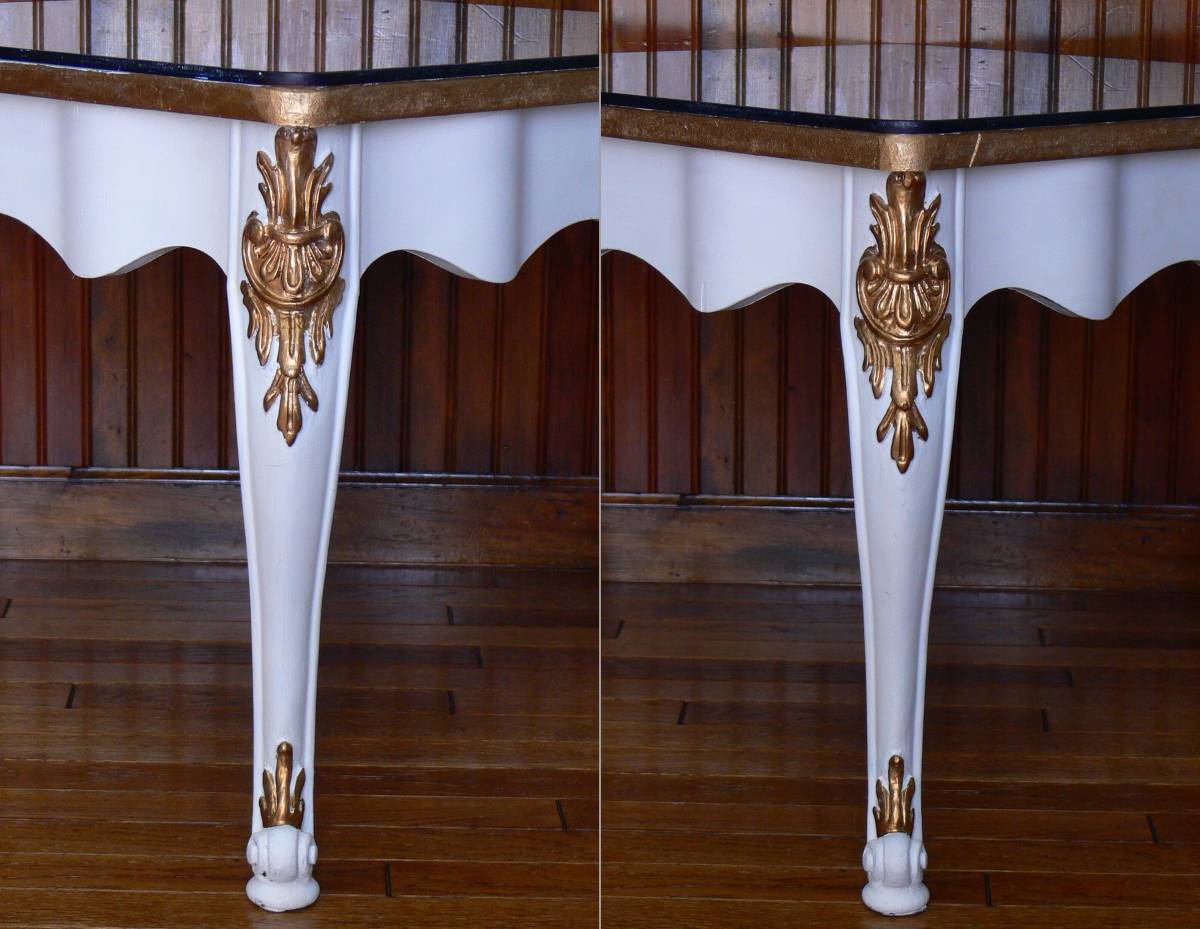 ロココ様式 ホワイト センターテーブル 猫脚 彫刻 金彩 天板交換・再塗装 ガラス天板付きの画像7