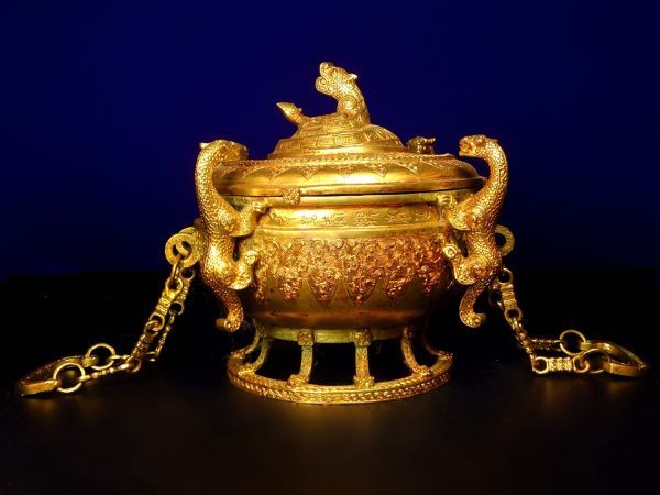 古びた蔵『漢代 古銅彫 塗金鏈子食物器具』極細工 置物 擺件 古賞物 古美術 中国古玩