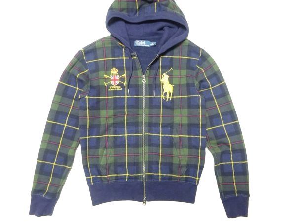 ★ポロラルフローレン★チェック柄フルジップスウェットパーカーXS/165紺POLO RALPH LAUREN RRLトレーナージャケットメンズ_画像1