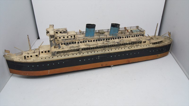 [珍品]戦前 ブリキ 特大客船 約67cm クイーンメリー BIGサイズ ゼンマイ式 ビンテージ 船 雑貨