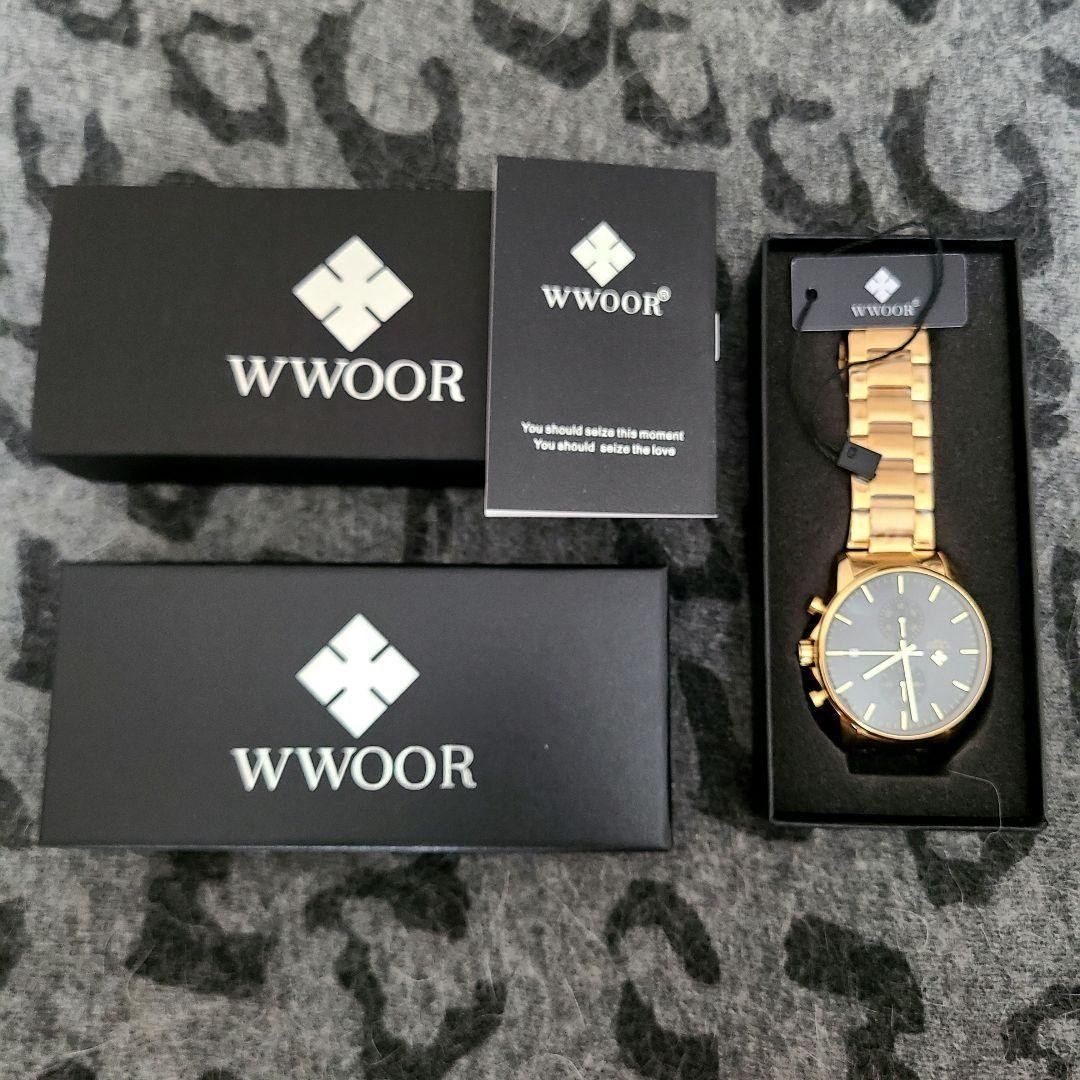 【新品】WWOOR　ブラック　クロノグラフ　ステンレス　メンズ　腕時計　ウォッチ