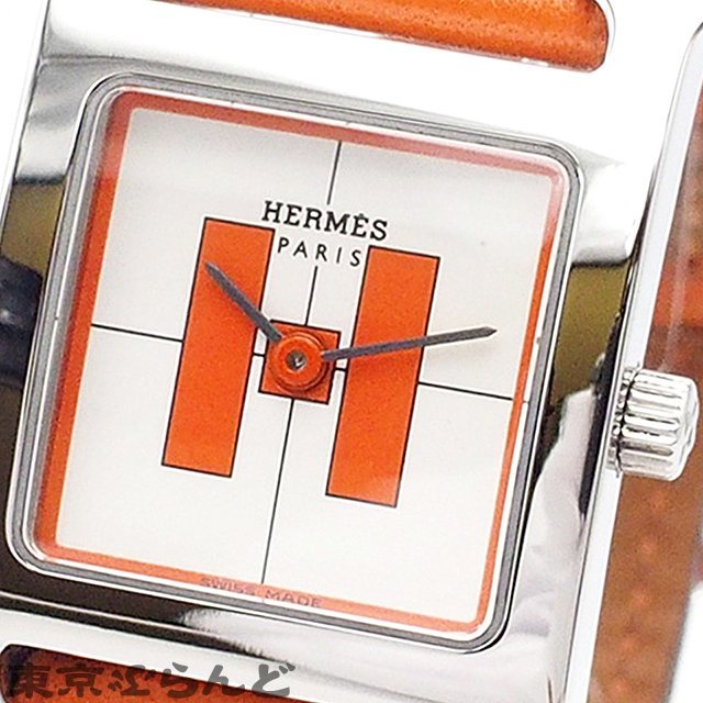 101673918 エルメス HERMES Hウォッチ 銀座限定 HH1.210 □E刻印 ホワイト オレンジ SS レザー 腕時計 レディース QZ 電池交換 仕上済_画像4