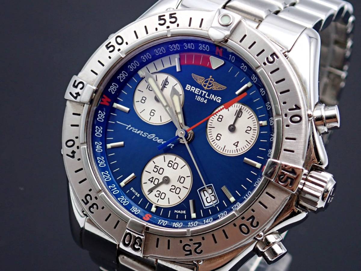 １円～★稼働 箱付 良品★BREITLING ブライトリング トランスオーシャン A53340 235281 クロノグラフ メンズ 腕時計 青文字盤 6346112_画像1