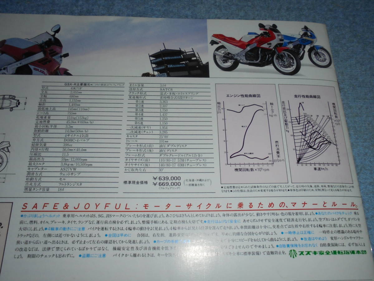 ★1986年▲GK71F スズキ GSX-R バイク カタログ▲SUZUKI GSXR▲油冷 4サイクル 4気筒 DOHC 398cc 59PS/前輪油圧式ダブルディスク/GSX-R400_画像6