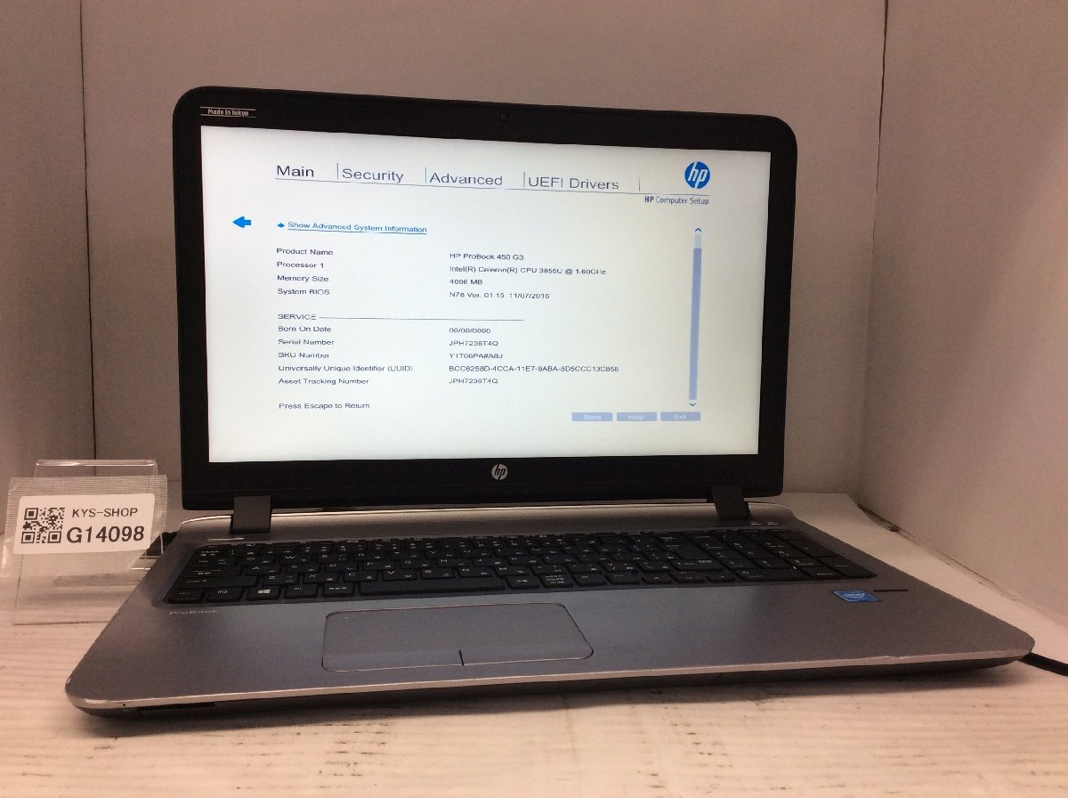 ジャンク/ HP HP ProBook 450 G3 Intel Celeron 3855U メモリ4.1GB ストレージ無し 【G14098】_画像1