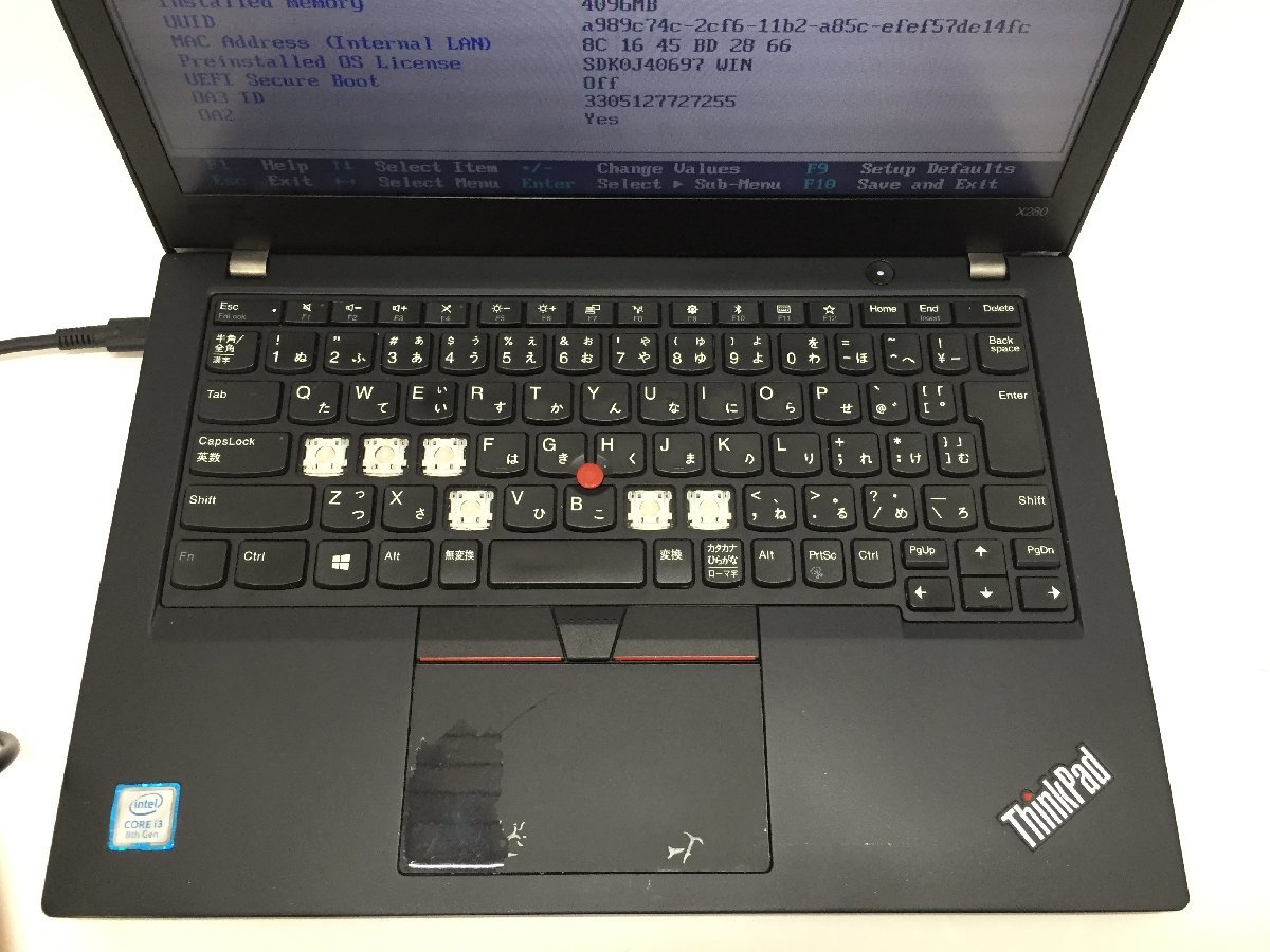 ジャンク/ LENOVO 20KES2E600 ThinkPad X280 Intel Core i3-8130U メモリ4.1GB ストレージ無し 【G12650】_KB破損・タッチパッドに塗装はがれあり