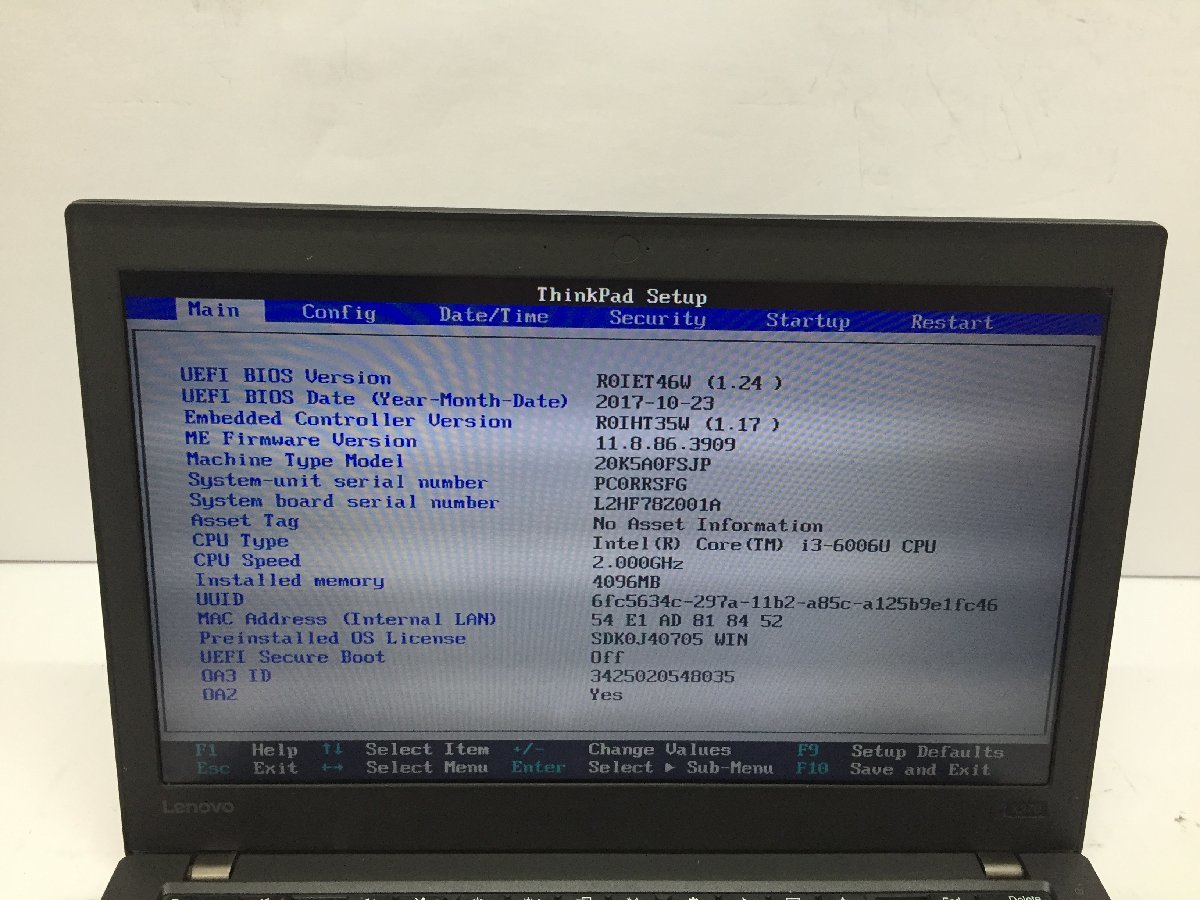 ジャンク/ LENOVO 20K5A0FSJP ThinkPad X270 W10DG Intel Core i3-6006U メモリ4.1GB ストレージ無し 【G14305】_写真では分かりにくい液晶ムラがあります
