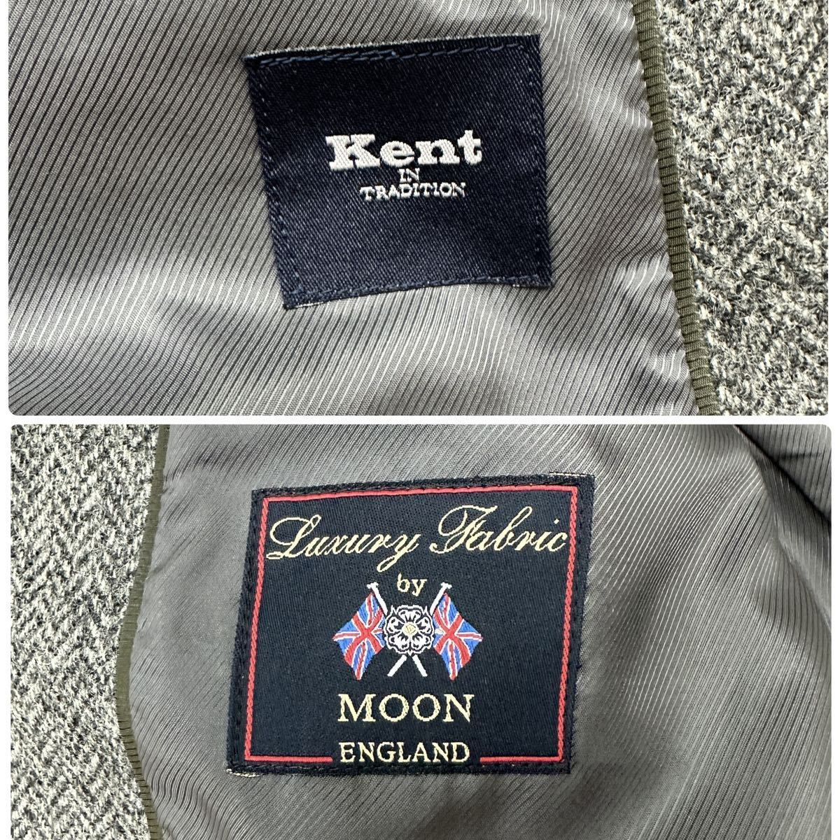 1円 美品 極上MOON社製生地採用 Kent ケント 2B ツイード テーラードジャケット グレー ヘリンボーン織り くるみボタン メンズ ビジネス L _画像9