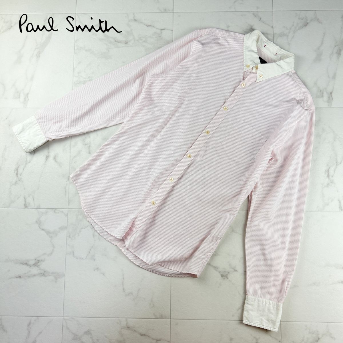 美品 Paul Smith ポール・スミス ストライプ 襟付き長袖シャツ フロントボタン トップス メンズ 白 赤 サイズM*JC316